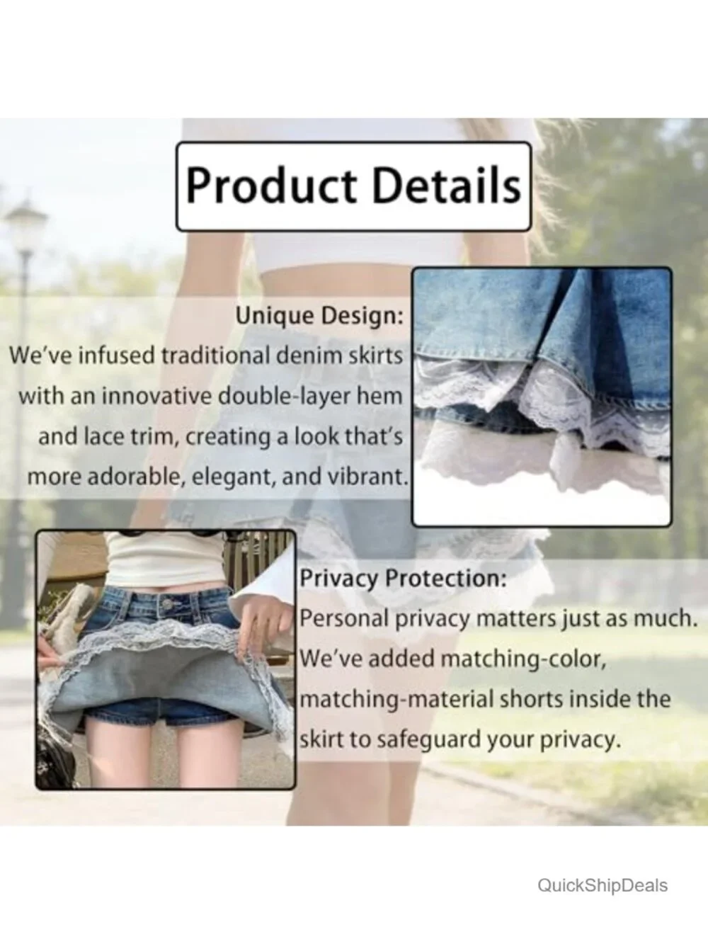Women's Denim Mini Skirt High Waisted Lace Trim A-Line Fitted Stretch Double